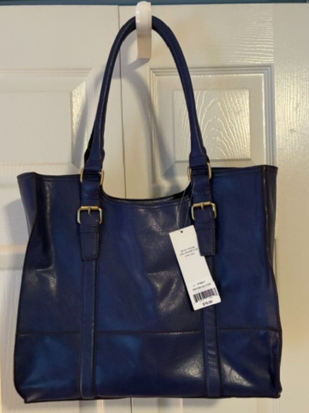 Meader Royal Blue Glazed Faux Leather Triple Compartment Tote Bag NWT